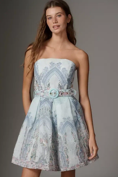 Aqua Blu Indie Belted Linen Strapless Dress In Blue