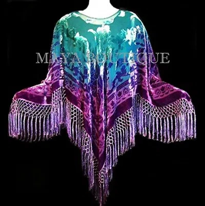 Pre-owned Aqua Blues Purple Aqua Hand Dyed Poncho Shawl Top Silk Velvet Wearable Art Maya Matazaro