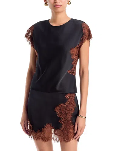 Aqua Cap Sleeve Lace Trim Satin Top - Exclusive In Black