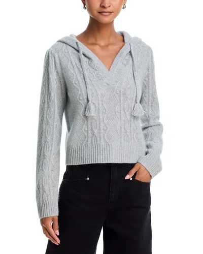 Aqua Cashmere 100% Cashmere V Neck Cable Knit Hoodie Sweater - Exclusive In Gray
