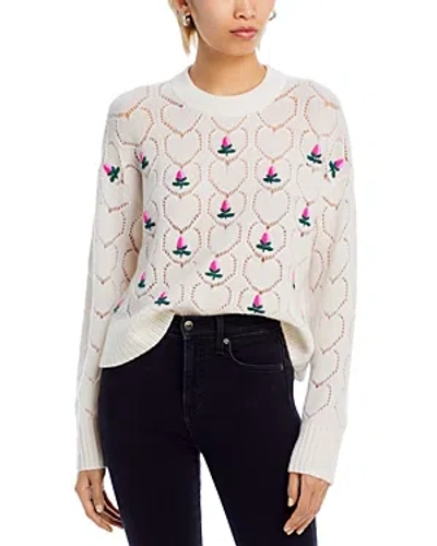 Aqua Cashmere Pointelle Embroidered Crewneck Sweater - Exclusive In Ivory