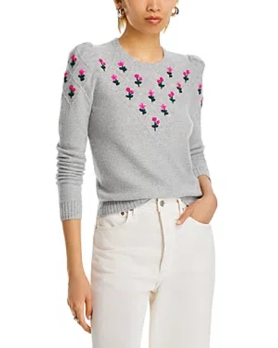 Aqua Cashmere Puff Sleeve Embroidered Floral Cashmere Sweater - Exclusive In Light Grey