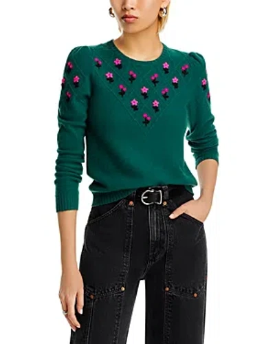 Aqua Cashmere Puff Sleeve Embroidered Floral Cashmere Sweater - Exclusive In Rainforest