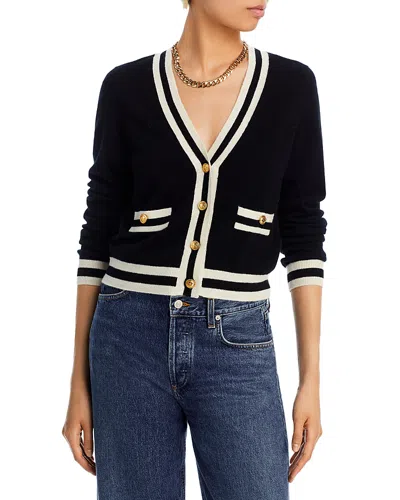 Aqua Cashmere Stripe Trim Novelty Button Cashmere Cardigan - Exclusive In Black/ivory