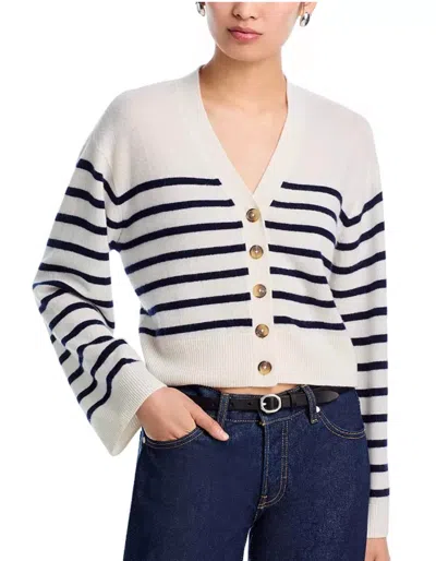 Aqua Cashmere V Neck Cardigan Sweater In Ivory/peacoat In Multi