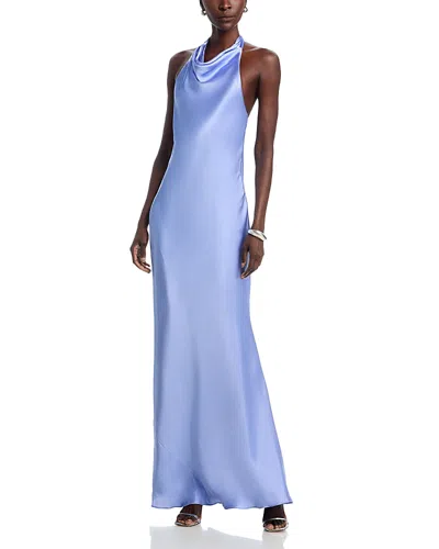 Aqua Charmeuse Halter Neck Long Dress - Exclusive In Blue