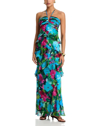 Aqua Chiffon Floral Print Ruffle Dress - Exclusive In Multi