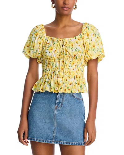 Aqua Cinched Puff Sleeve Top - Exclusive In Yellow Daisy