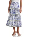 Aqua City Palm Toile Fringe Skirt - Exclusive In Blue/white