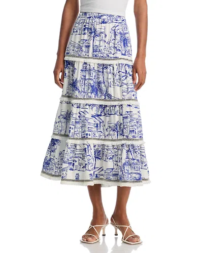 Aqua City Palm Toile Fringe Skirt - Exclusive In Blue/white