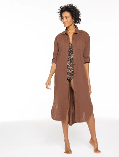 Aqua Club Gauze Long Shirt Cover-up - Dark Walnut - Xl - 100% Cotton Talbots In Brown