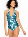 Aqua Club Misses -  Halter One-piece Swimsuit - Bali Blooms - Vista Blue - Xs Talbots In Vista Blue