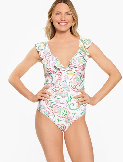 Aqua Club Misses -  Ruffle V-neck One-piece Swimsuit - Island Paisley - White - Large Talbots