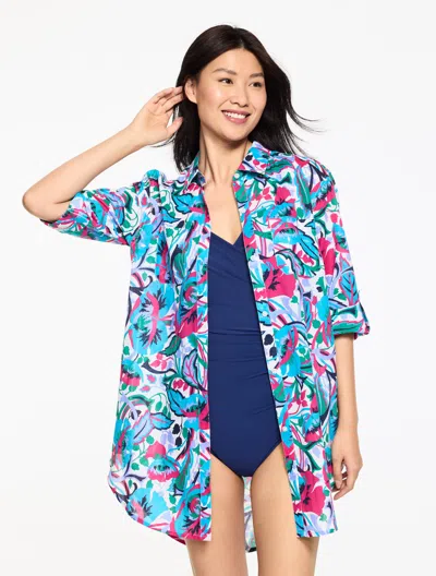 Aqua Club Plus Size -  Gauze Shirt Cover-up - Island Flora - White - 2x Talbots