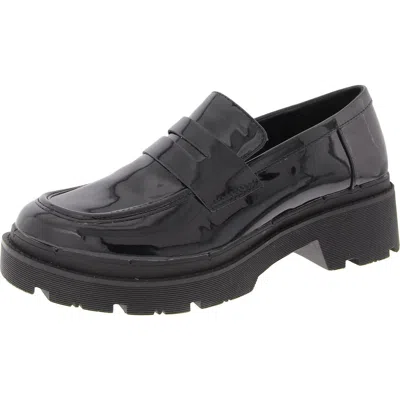 Aqua College Saanvi Womens Leather Chunky Loafer Heels In Black