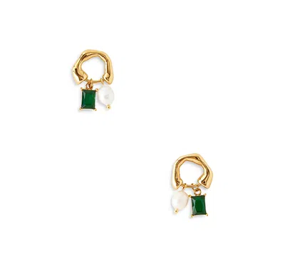 Aqua Color Crystal & Imitation Pearl Earrings In 18k Gold Plated Stainless Steel - Exclusive In Green/gold
