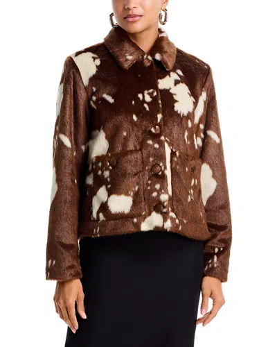 Aqua Cow Printed Faux Fur Jacket - Exclusive In Brown