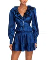 Aqua Crinkle Ruffle Collar Long Sleeve Blouse - Exclusive In Blue