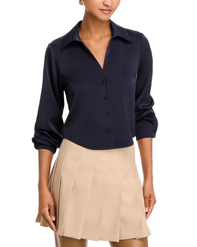 Aqua Crop Satin Button-front Shirt - Exclusive In Dark Navy