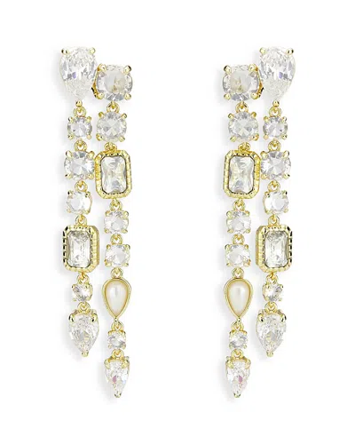 Aqua Crystal, Cubic Zirconia & Imitation Pearl Double Strand Linear Drop Earrings - Exclusive In Gold