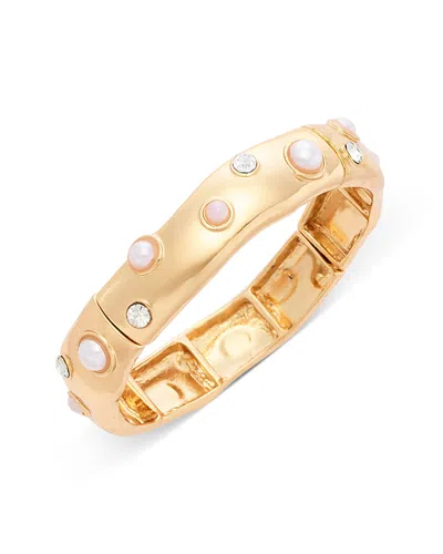 Aqua Cubic Zirconia & Imitation Pearl Bangle Bracelet - Exclusive In Gold
