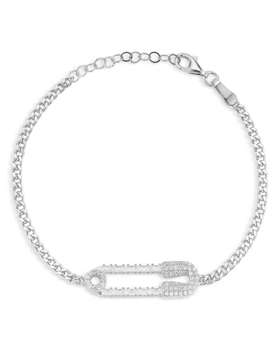 Aqua Cubic Zirconia Safety Pin Curb Chain Bracelet - Exclusive In Silver