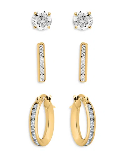 Aqua Cubic Zirconia Stud & Hoop Earrings In Gold Tone Sterling Silver, Set Of 3 - Exclusive