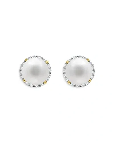 Aqua Cultured Freshwater Pearl & Cubic Zirconia Halo Stud Earrings In White/gold