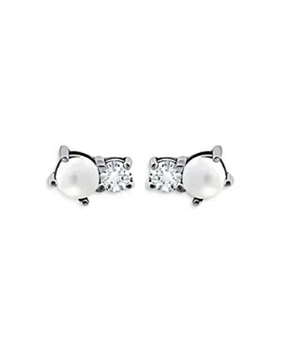 Aqua Cultured Freshwater Pearl & Cubic Zirconia Stud Earrings In White/silver