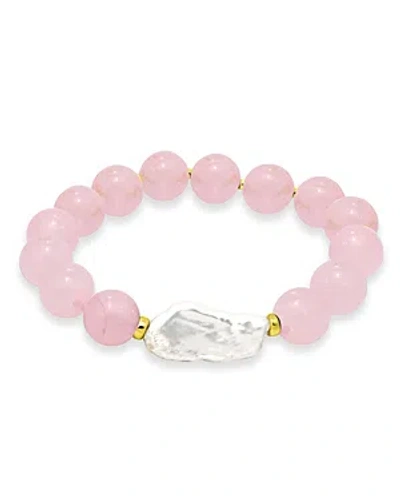 Aqua Cultured Freshwater Pearl & Gemstone Beaded Stretch Bracelet - 100% Exclusive In Rose Quartz/gold