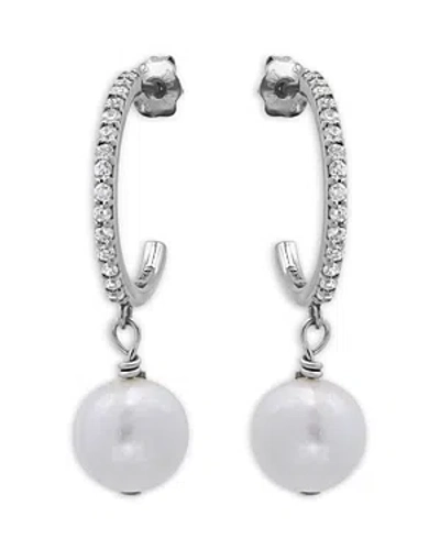 Aqua Cultured Freshwater Pearl Charm Pave Hoop Earrings - 100% Exclusive In White/silver