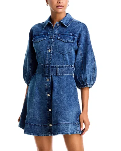 Aqua Denim Bubble Sleeve Button Up Mini Dress - Exclusive In Blue