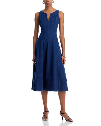 Aqua Denim Panel V Neck Sleeveless Midi Dress - Exclusive In Dark Wash