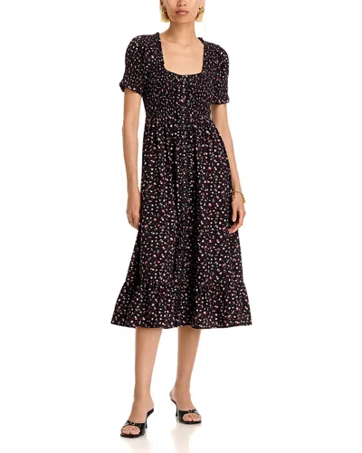 Aqua Ditsy Floral Smocked Short Sleeve Midi Dress - Exclusive In Black