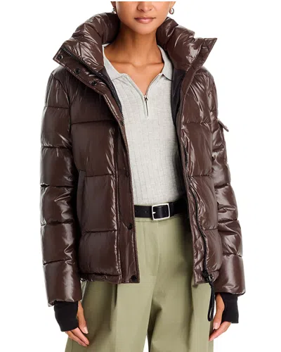 Aqua Ella Glossy Hooded Puffer Coat - Exclusive In Brown