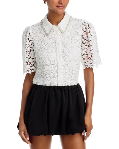 Aqua Embellished Collar Lace Top - Exclusive In White