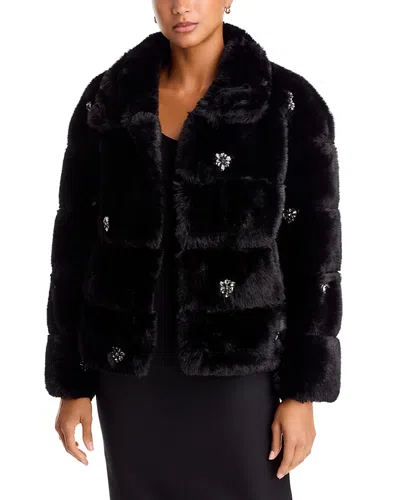 Aqua Embellished Faux Fur Coat - Exclusive In Black