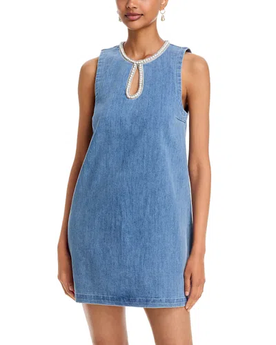 Aqua Embellished Faux Pearl Denim Mini Dress - Exclusive In Blue