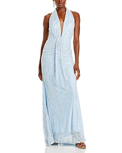 Aqua Embellished Plunging V Neck Gown - 100% Exclusive In Light Blue