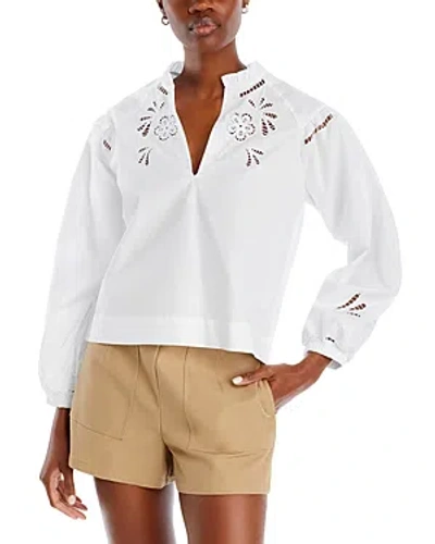 Aqua Embroidered Cotton Long Sleeve Blouse - 100% Exclusive In White
