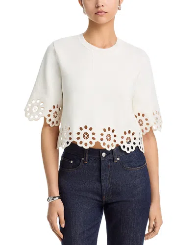 Aqua Embroidered Cutout Crop Round Neck Sweater - Exclusive In White