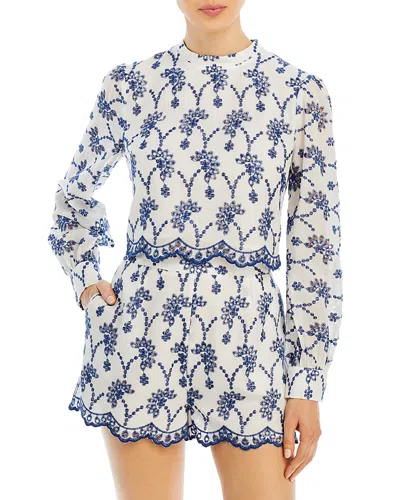 Aqua Embroidered Eyelet Long Sleeve Top In Ivory/navy