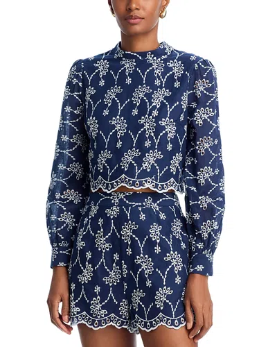 Aqua Embroidered Eyelet Long Sleeve Top - Exclusive In Navy/ivory