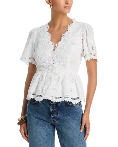 Aqua Embroidered Lace Button Down V Neck Top - Exclusive In White