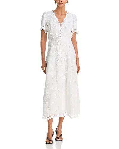 Aqua Embroidered Lace Button Front V Neck Dress - Exclusive In White
