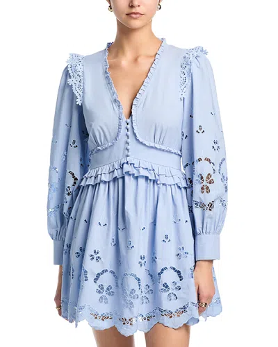 Aqua Embroidered Poplin Long Sleeve Mini Dress - Exclusive In Blue