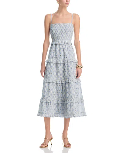 Aqua Embroidered Smocked Tier Midi Dress - Exclusive In Gray