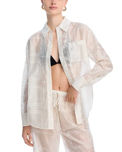 Aqua Embroidered Swim Cover-up Shirt- Exclusive In Eggshell
