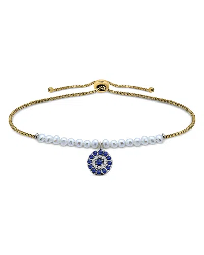 Aqua Evil Eye Charm & Freshwater Pearl 18k Yellow Gold Plated Sterling Silver Bolo Bracelet - Exclusive In Gold/pearl
