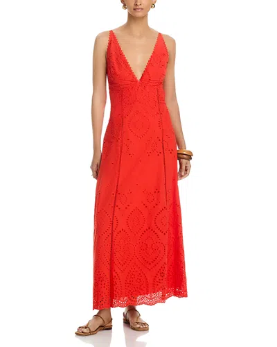 Aqua Eyelet V Neck Maxi Dress - Exclusive In Red